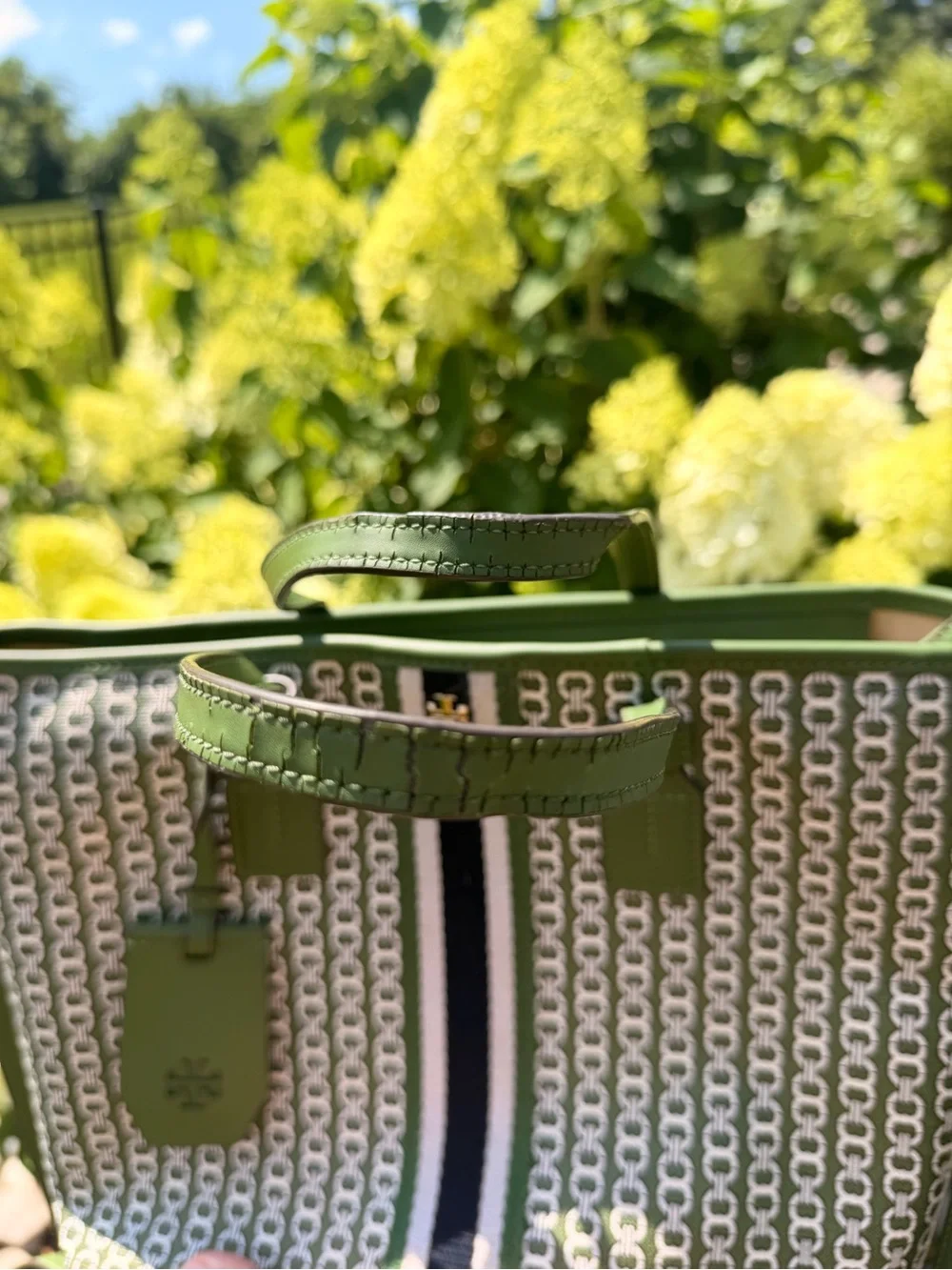 Tory Burch Green Tote Bag with Chain-Patterned Canvas and Stripe Detail.